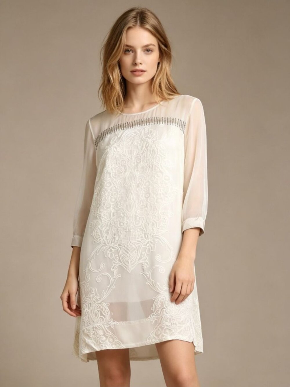 NWOT Johnny Was Floral Velvet Silk Beaded Sheer Dress Cream Size S